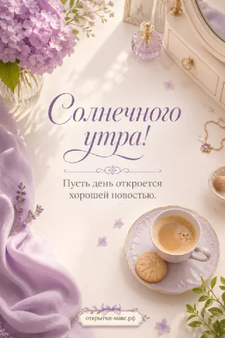 Чашка кофе с печеньем на фоне букета сирени, флакон духов, открытка солнечного утра на сиреневом фоне