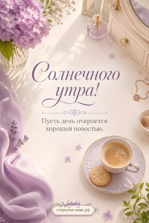 Чашка кофе с печеньем на фоне букета сирени, флакон духов, открытка солнечного утра на сиреневом фоне