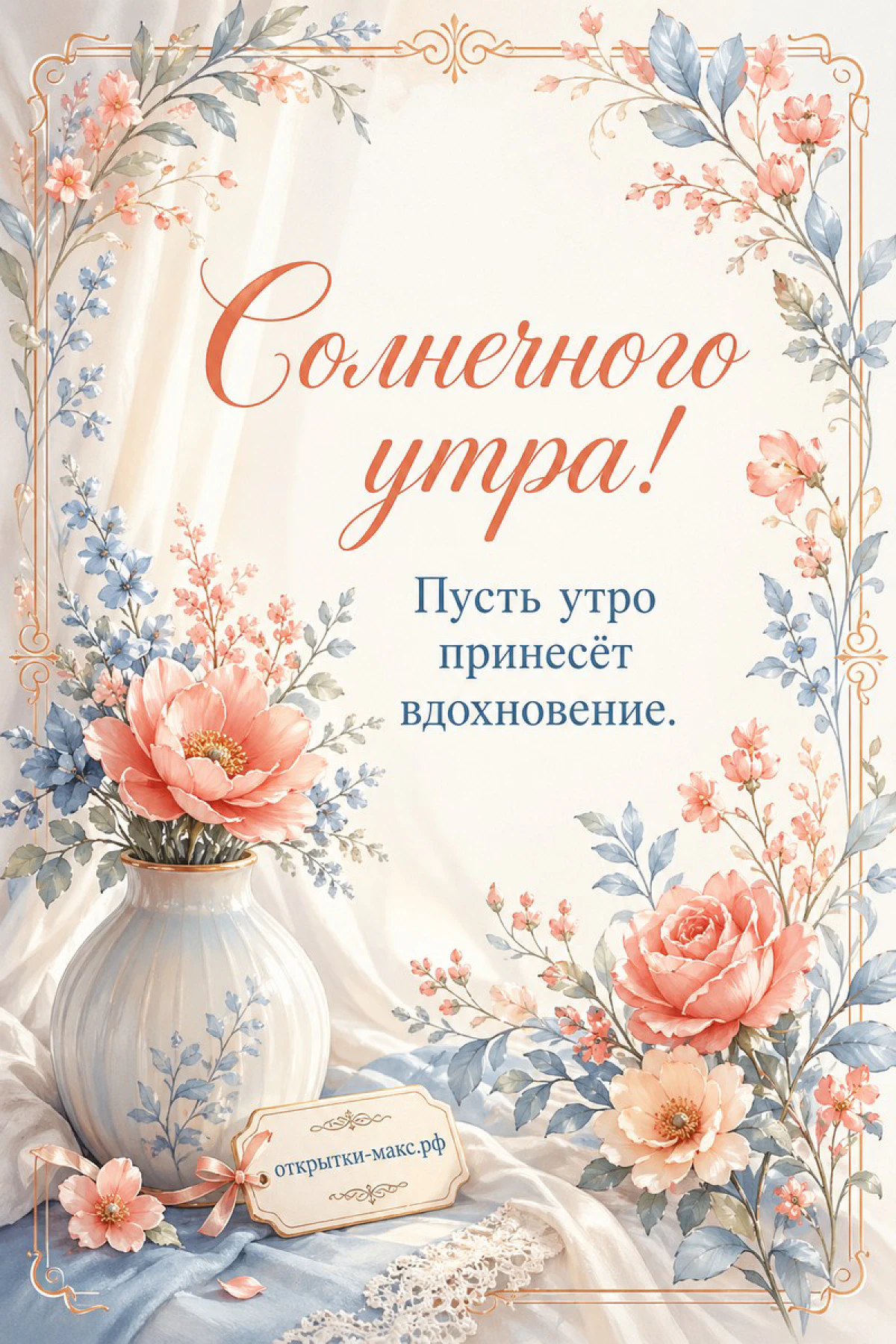 Акварельные розовые пионы и розы в белой вазе, голубые листья и цветочная рамка, открытка солнечного утра