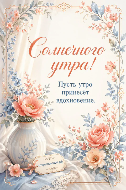 Акварельные розовые пионы и розы в белой вазе, голубые листья и цветочная рамка, открытка солнечного утра