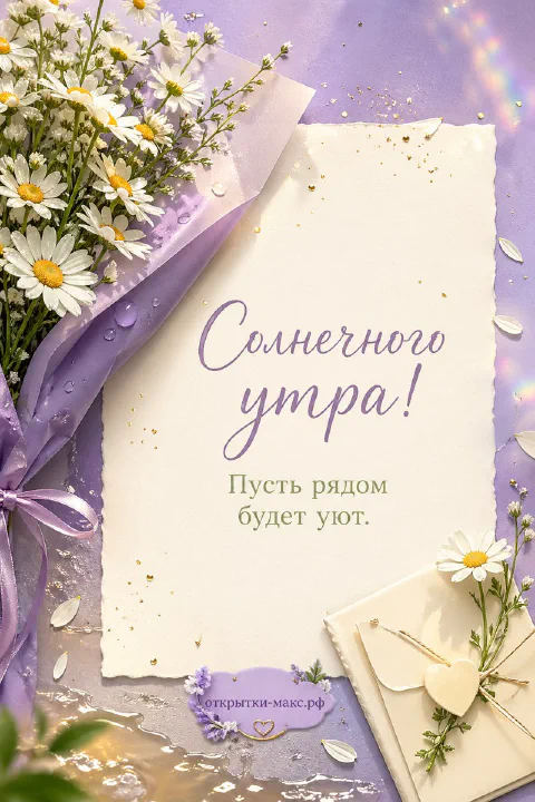 Букет белых ромашек с лиловой лентой и конверт с сердечком на фиолетово-золотом фоне, открытка доброе утро