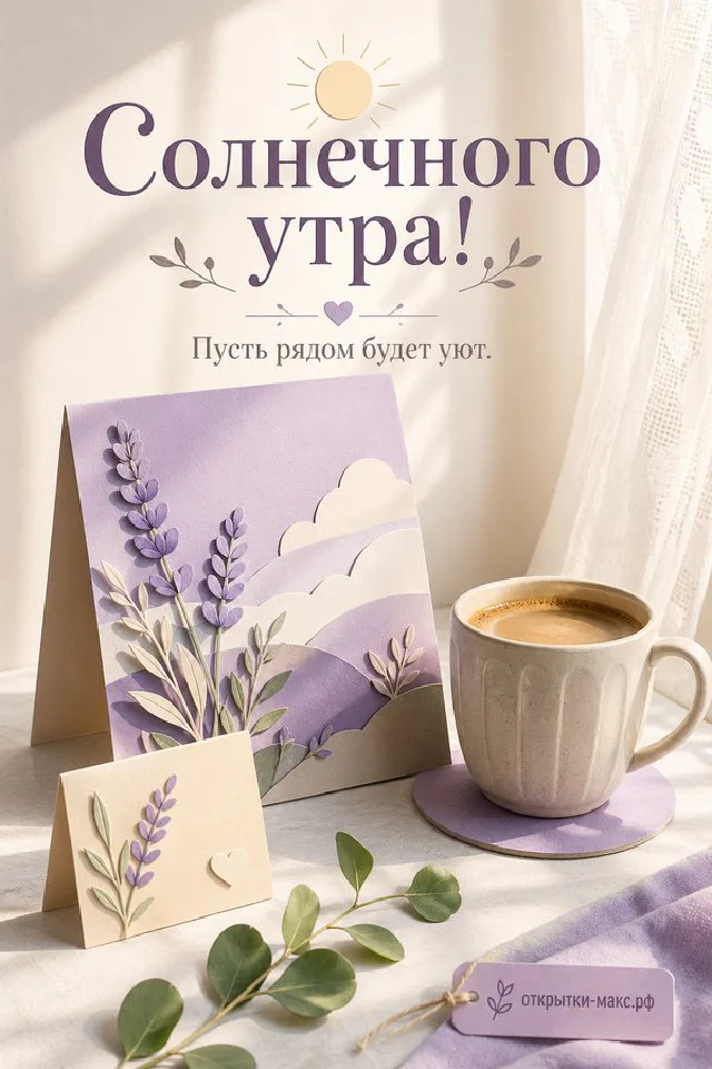 Букет белых ромашек с лиловой лентой и конверт с сердечком на фиолетово-золотом фоне, открытка доброе утро — вариант 2