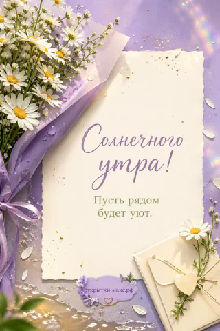 Букет белых ромашек с лиловой лентой и конверт с сердечком на фиолетово-золотом фоне, открытка доброе утро