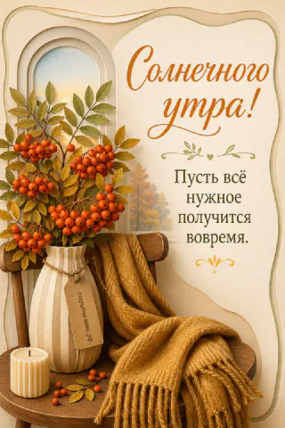 Ваза с ветками рябины на деревянном кресле, горящая свеча и жёлтый плед, открытка солнечного утра