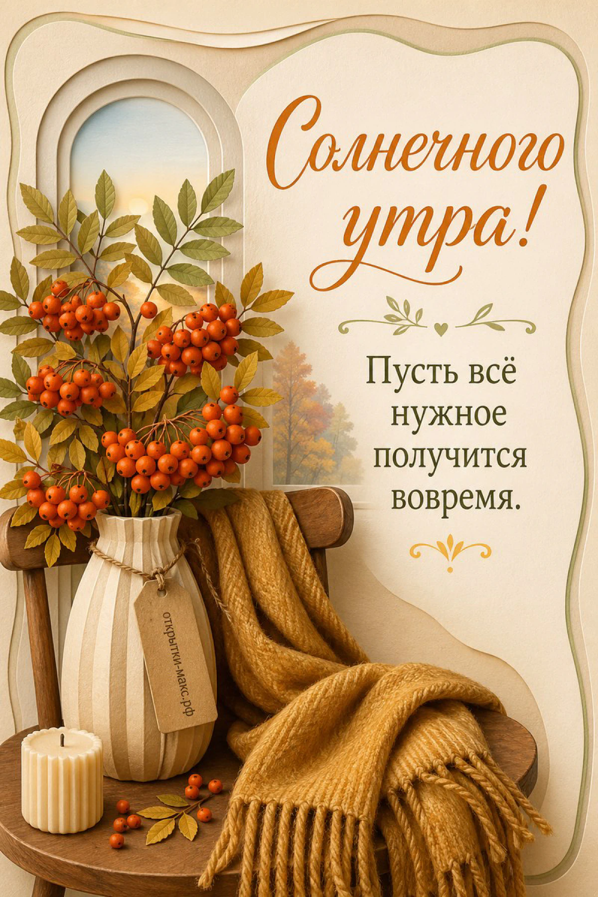Ваза с ветками рябины на деревянном кресле, горящая свеча и жёлтый плед, открытка солнечного утра