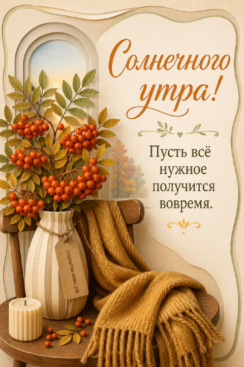 Ваза с ветками рябины на деревянном кресле, горящая свеча и жёлтый плед, открытка солнечного утра