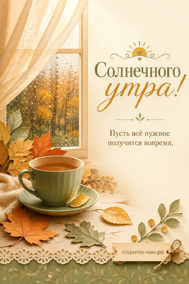 Ваза с ветками рябины на деревянном кресле, горящая свеча и жёлтый плед, открытка солнечного утра — вариант 2