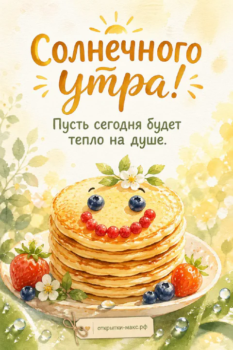 Стопка блинов с ягодами и сметаной, надпись «Солнечного утра», акварель