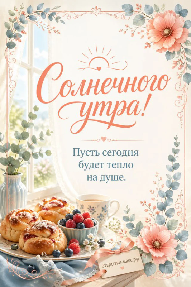 Стопка блинов с ягодами и сметаной, надпись «Солнечного утра», акварель — вариант 2