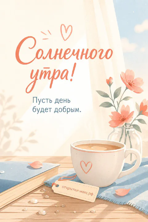 Букет цветов, чашка горячего кофе и книга на столе, надпись «Солнечного утра»