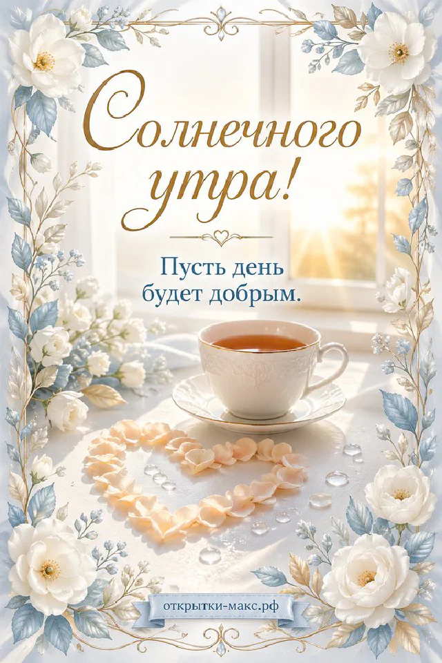 Букет цветов, чашка горячего кофе и книга на столе, надпись «Солнечного утра» — вариант 4