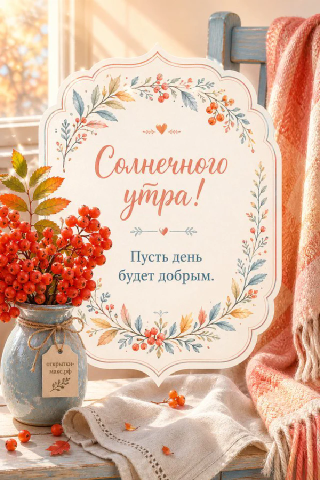 Букет цветов, чашка горячего кофе и книга на столе, надпись «Солнечного утра» — вариант 7