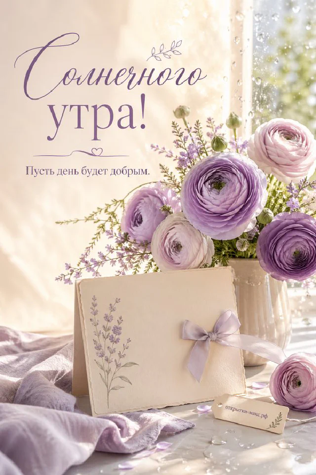 Букет цветов, чашка горячего кофе и книга на столе, надпись «Солнечного утра» — вариант 2