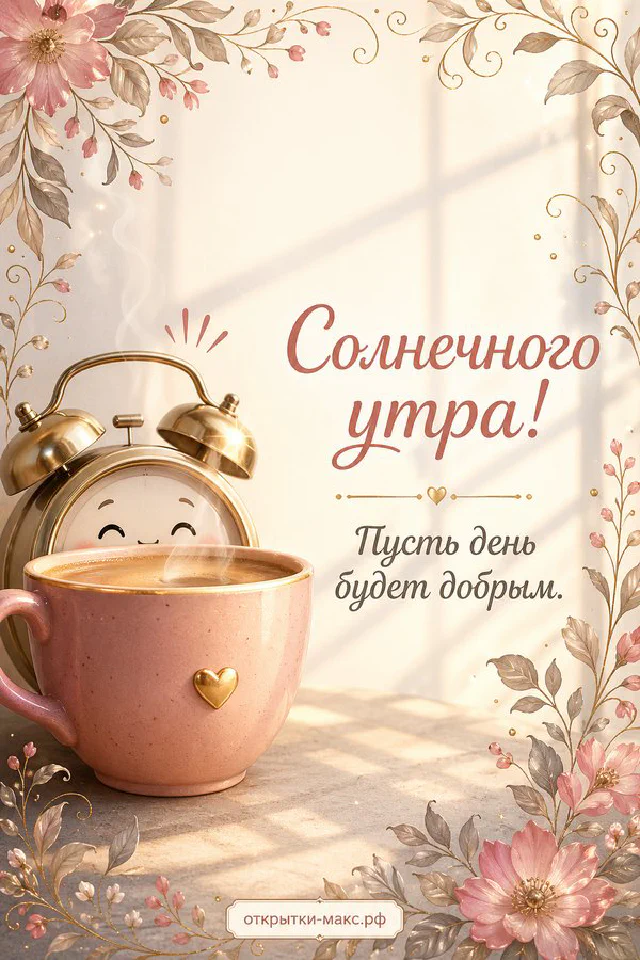 Букет цветов, чашка горячего кофе и книга на столе, надпись «Солнечного утра» — вариант 3