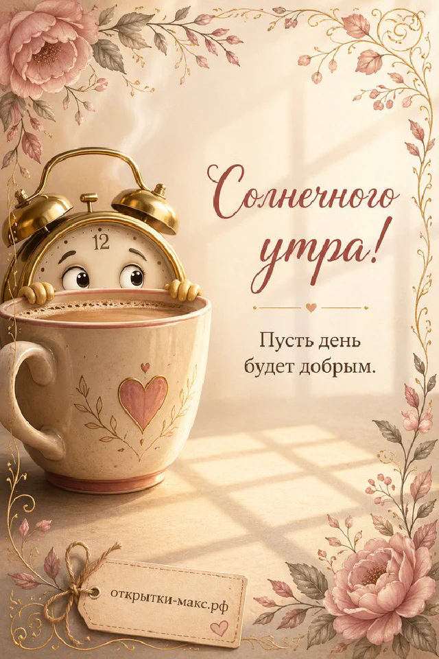 Букет цветов, чашка горячего кофе и книга на столе, надпись «Солнечного утра» — вариант 6