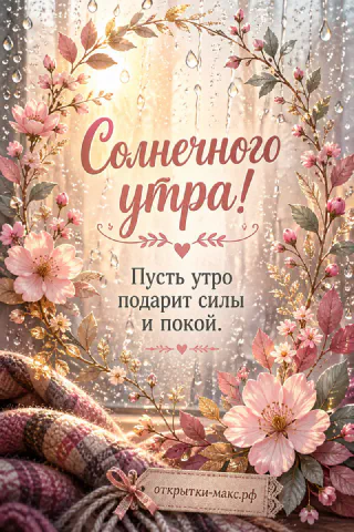 Цветочный венок из розовых цветов и листьев с каплями воды, розовый плед внизу, золотые огни, надпись «Солнечного утра»