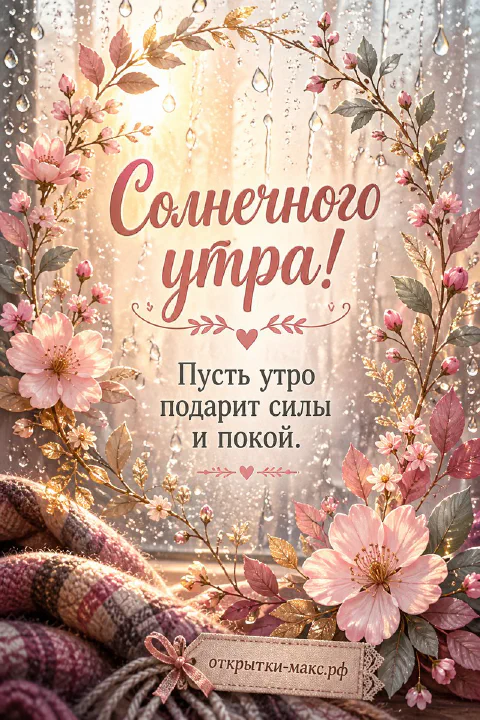 Цветочный венок из розовых цветов и листьев с каплями воды, розовый плед внизу, золотые огни, надпись «Солнечного утра»