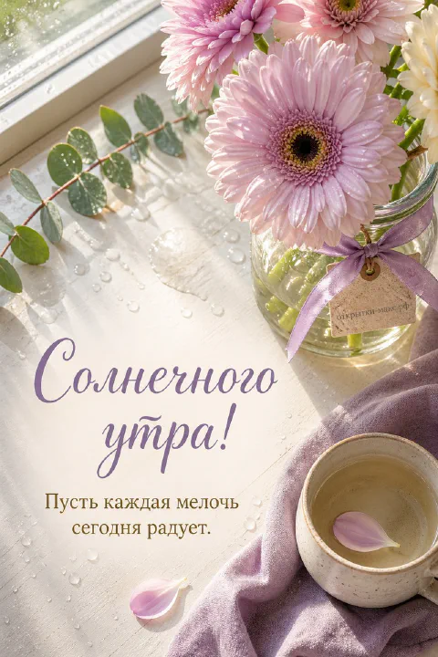 Розовые и жёлтые герберы в стеклянной банке с лиловой лентой у окна с каплями воды, чашка чая и сиреневая ткань