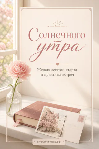Раскрытая книга, маленькая открытка и нежный цветок, надпись «Солнечного утра»