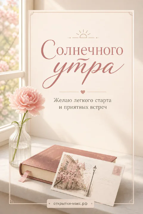 Раскрытая книга, маленькая открытка и нежный цветок, надпись «Солнечного утра»