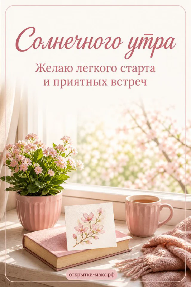 Раскрытая книга, маленькая открытка и нежный цветок, надпись «Солнечного утра» — вариант 3