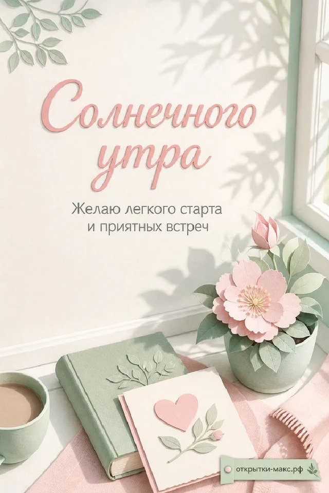 Раскрытая книга, маленькая открытка и нежный цветок, надпись «Солнечного утра» — вариант 4