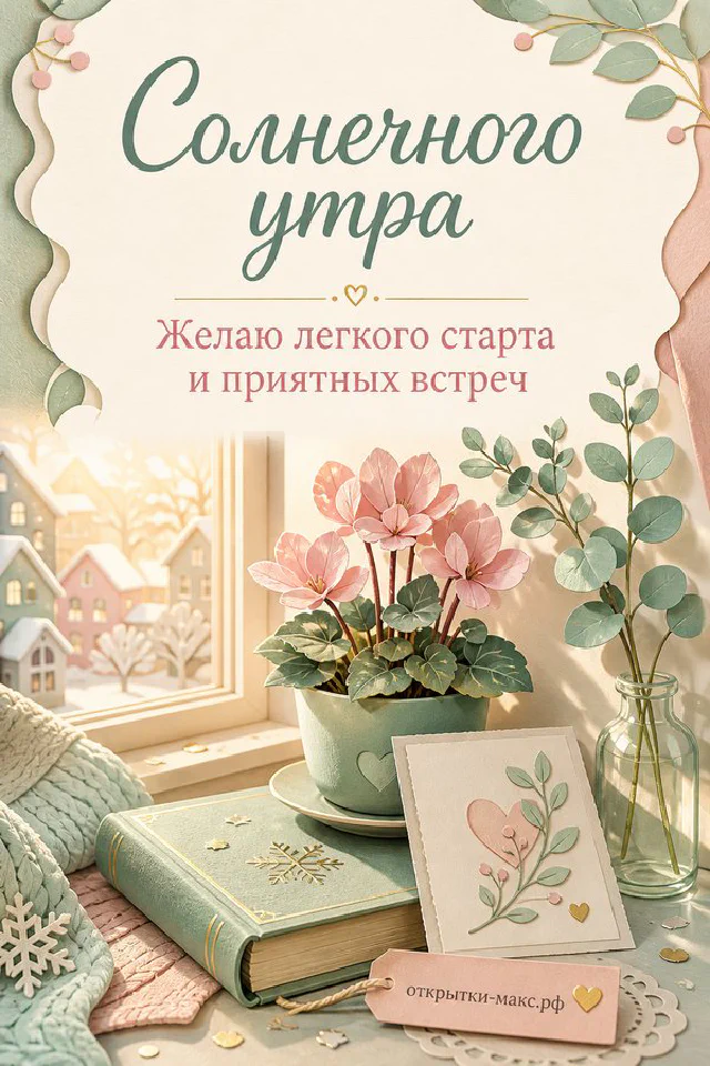 Раскрытая книга, маленькая открытка и нежный цветок, надпись «Солнечного утра» — вариант 6