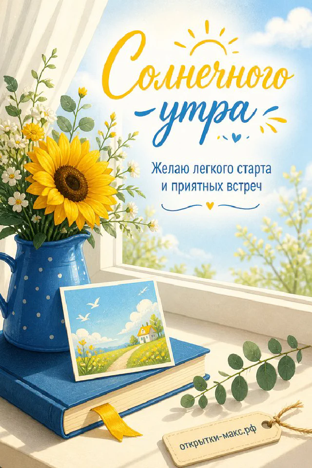 Раскрытая книга, маленькая открытка и нежный цветок, надпись «Солнечного утра» — вариант 7