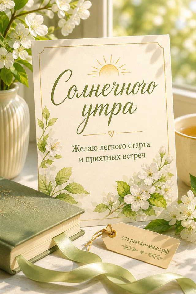 Раскрытая книга, маленькая открытка и нежный цветок, надпись «Солнечного утра» — вариант 2