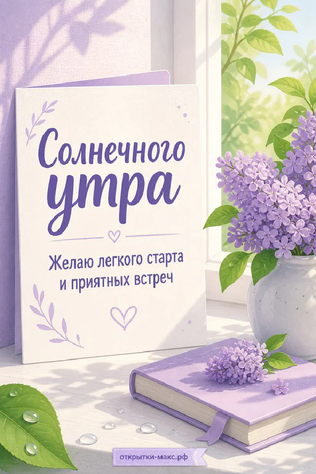 Раскрытая книга, маленькая открытка и нежный цветок, надпись «Солнечного утра» — вариант 5