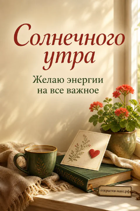 Чашка кофе, открытая книга и горящая свеча, надпись «Солнечного утра», акварель