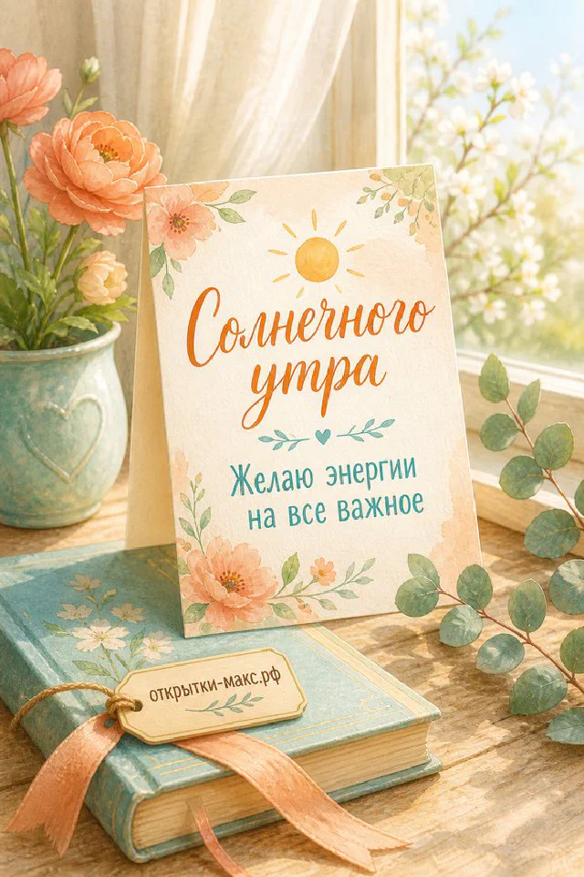 Чашка кофе, открытая книга и горящая свеча, надпись «Солнечного утра», акварель — вариант 3
