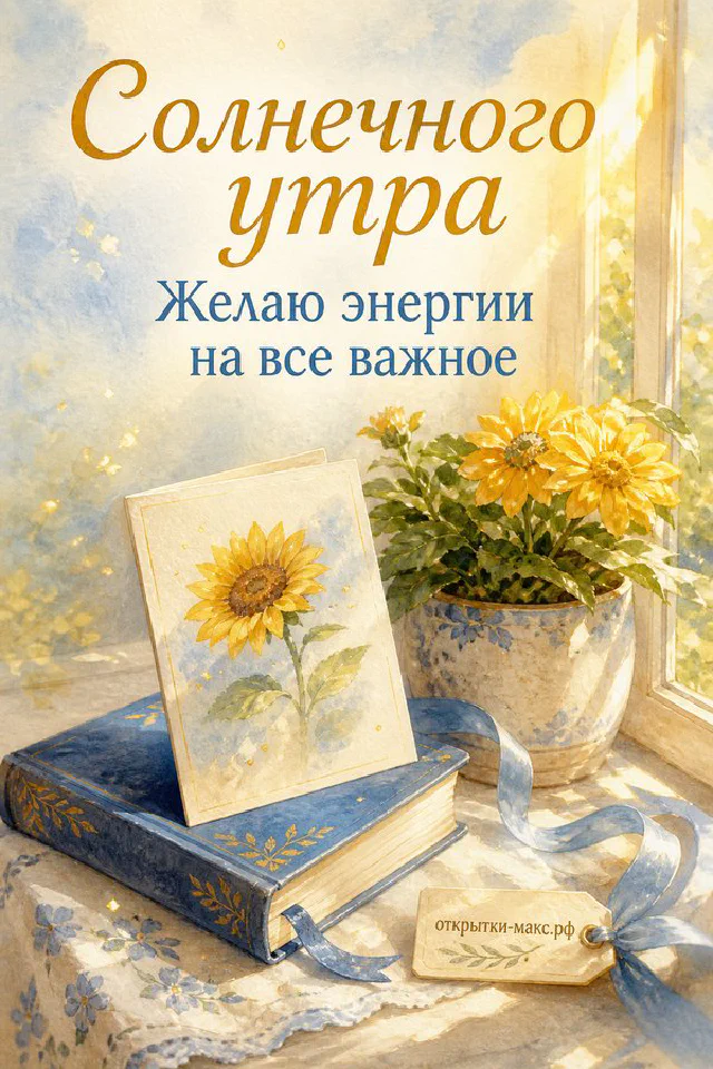 Чашка кофе, открытая книга и горящая свеча, надпись «Солнечного утра», акварель — вариант 5