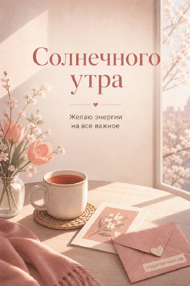 Чашка кофе, открытая книга и горящая свеча, надпись «Солнечного утра», акварель — вариант 6