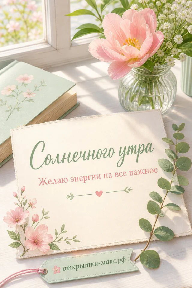 Чашка кофе, открытая книга и горящая свеча, надпись «Солнечного утра», акварель — вариант 2