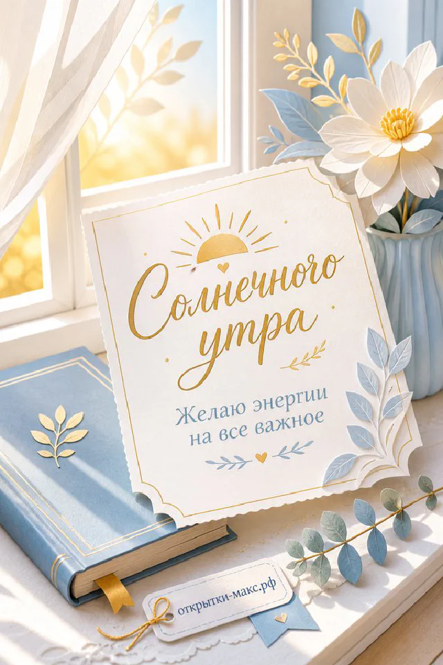 Чашка кофе, открытая книга и горящая свеча, надпись «Солнечного утра», акварель — вариант 4