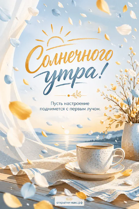Чашка кофе на деревянном столе у окна с видом на морской рассвет, летящие лепестки и ваза с жёлтыми цветами