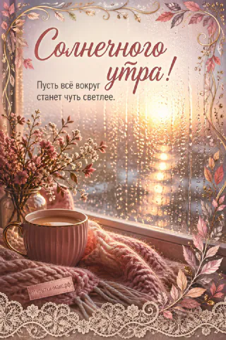Розовая кружка кофе и букет цветов у окна с каплями дождя, солнце сквозь тучи, надпись «Солнечного утра»