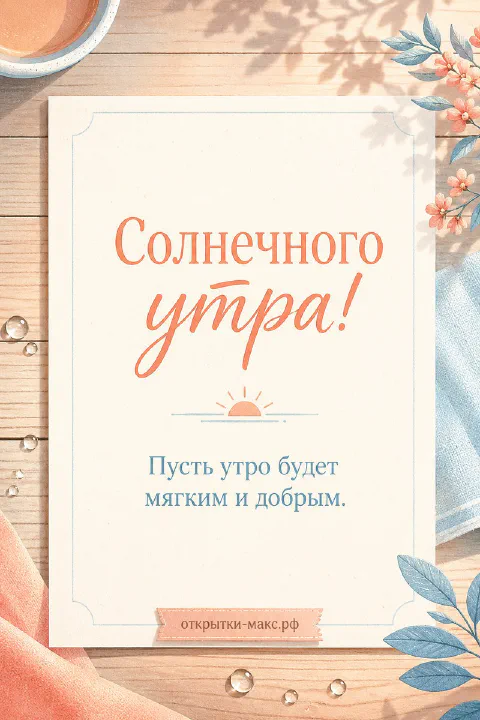 Открытка в персиковых тонах с кружкой кофе, иконкой рассвета и синими листьями, надпись «Солнечного утра! Пусть утро будет мягким и добрым»