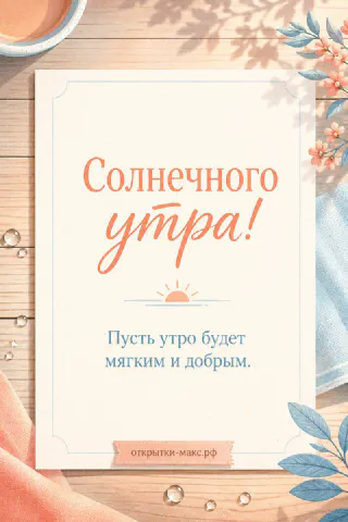 Открытка в персиковых тонах с кружкой кофе, иконкой рассвета и синими листьями, надпись «Солнечного утра! Пусть утро будет мягким и добрым»