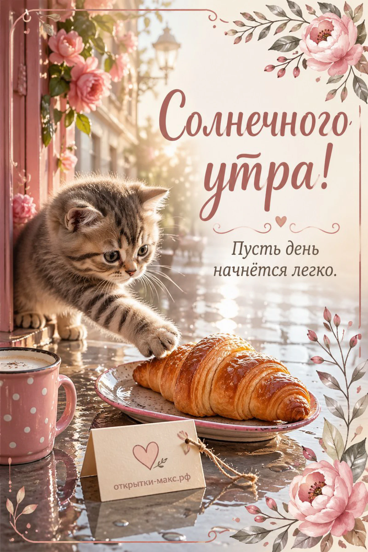 Серый полосатый котёнок тянется лапкой к круассану на тарелке на фоне старинной улицы с фонарём и букетом розовых пионов