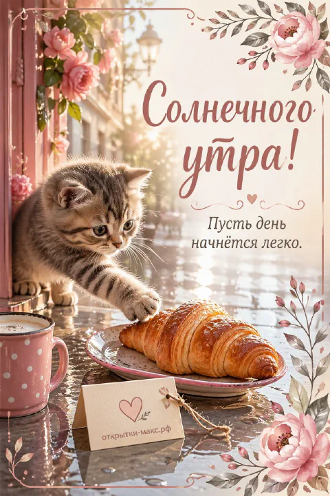 Серый полосатый котёнок тянется лапкой к круассану на тарелке на фоне старинной улицы с фонарём и букетом розовых пионов