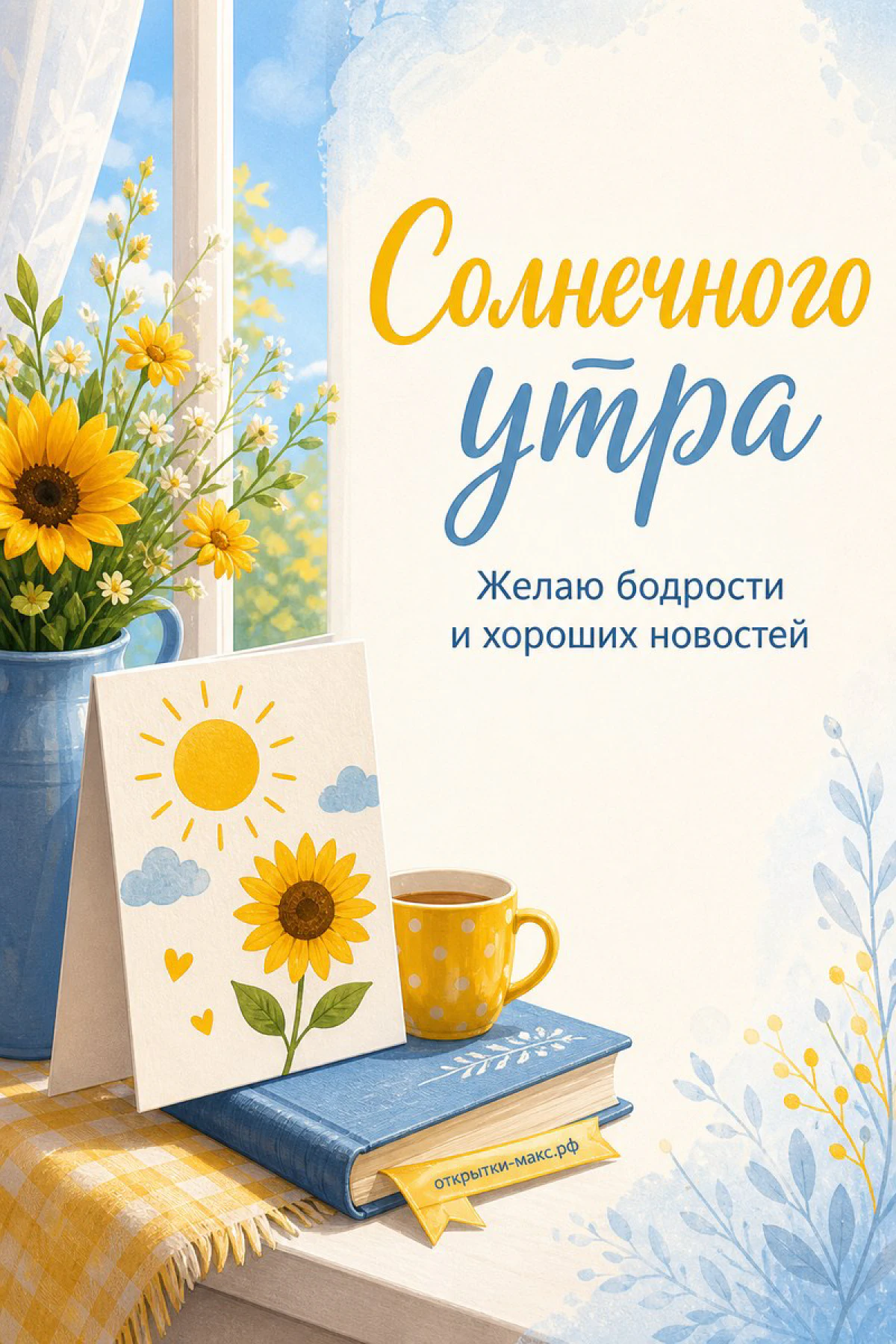 Синяя ваза с жёлтыми подсолнухами и открытка с рисунком подсолнуха рядом с кофе и книгой у окна