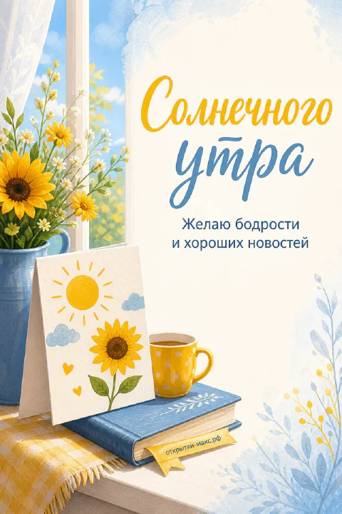 Синяя ваза с жёлтыми подсолнухами и открытка с рисунком подсолнуха рядом с кофе и книгой у окна