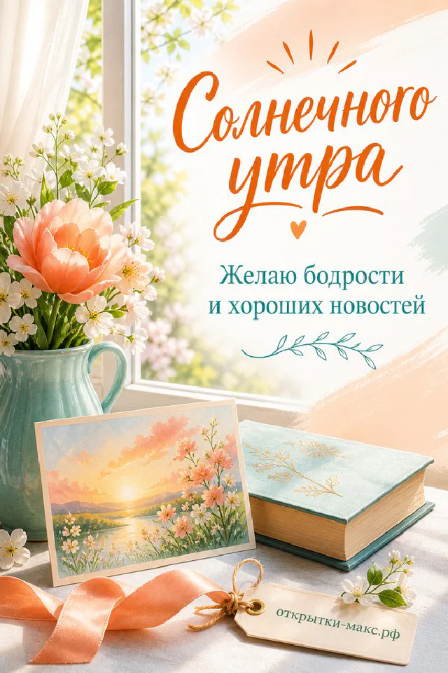 Синяя ваза с жёлтыми подсолнухами и открытка с рисунком подсолнуха рядом с кофе и книгой у окна — вариант 2