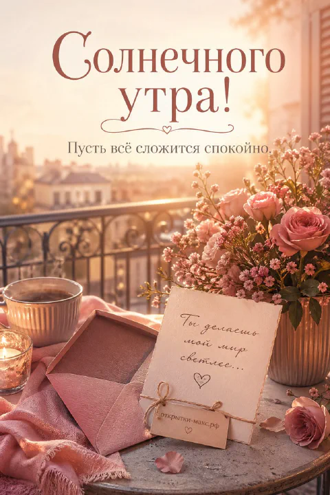 Розовые розы в вазе, конверт с запиской «Ты делаешь мой мир светлее» и кофе на балконе, надпись «Солнечного утра»