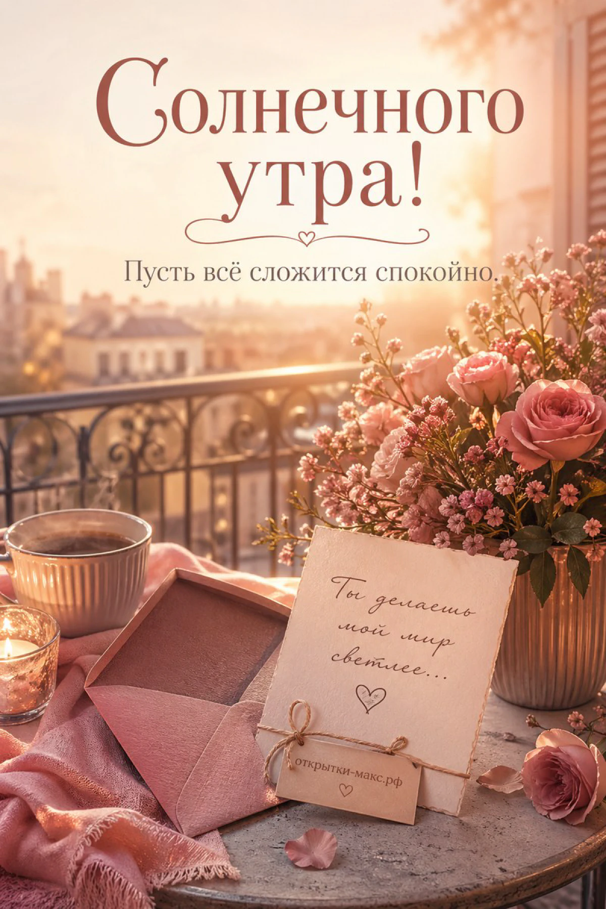 Розовые розы в вазе, конверт с запиской «Ты делаешь мой мир светлее» и кофе на балконе, надпись «Солнечного утра»