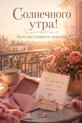 Розовые розы в вазе, конверт с запиской «Ты делаешь мой мир светлее» и кофе на балконе, надпись «Солнечного утра»