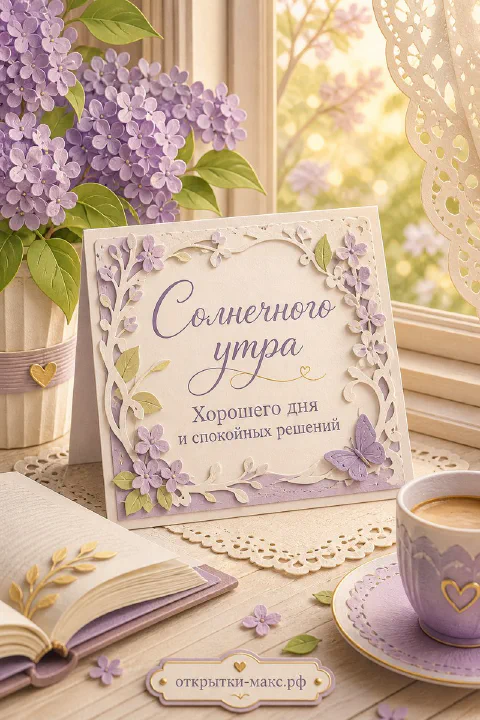 Ажурная открытка «Солнечного утра» среди веток сирени и чашки кофе на солнечном подоконнике