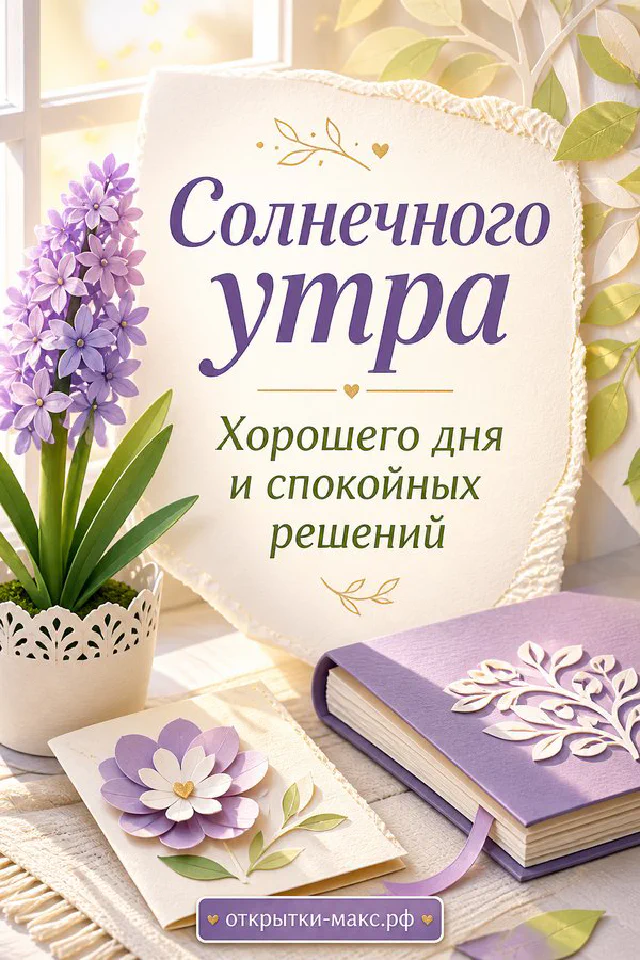 Ажурная открытка «Солнечного утра» среди веток сирени и чашки кофе на солнечном подоконнике — вариант 2